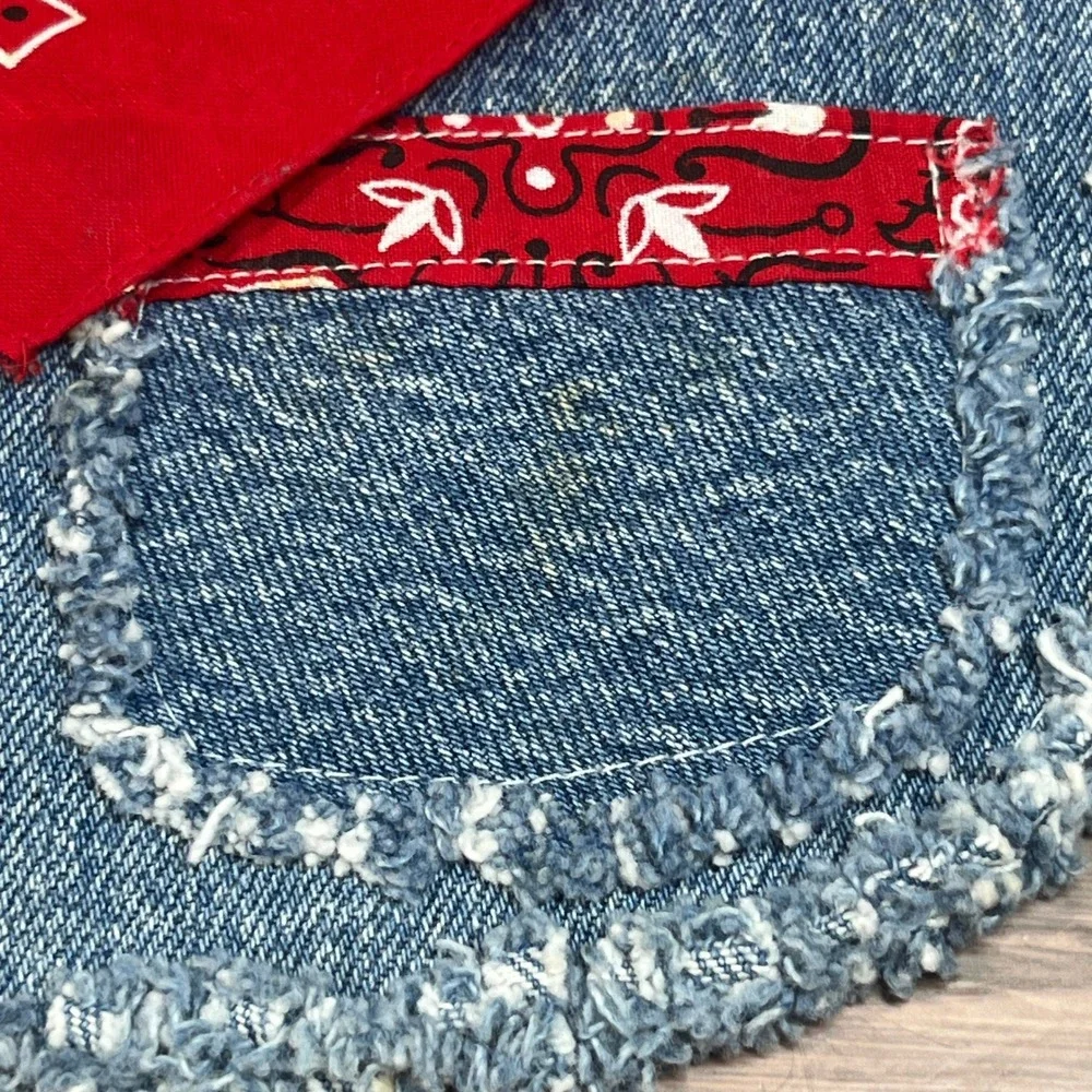 Handmade Upcycled Denim Baby Bib Blue Red Bandana Paisley Frayed Western Pockets